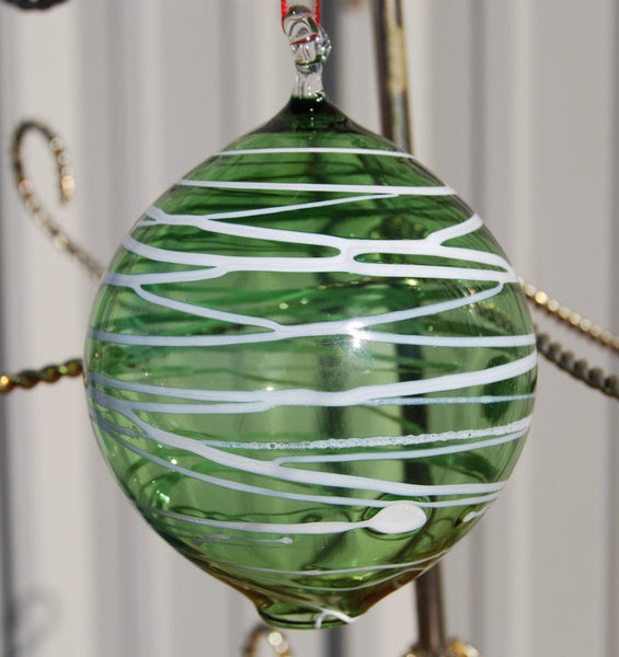 Handblown Green Glass Christmas Ornament with White Lines