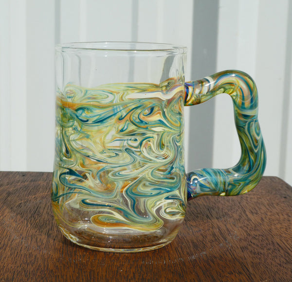 Handblown Glass Mug Teal and Amber Swirls